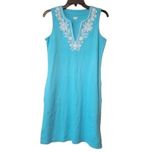 Lands' End Dress Womens XS Blue Floral Sleeveless Cotton Knit Embroidered